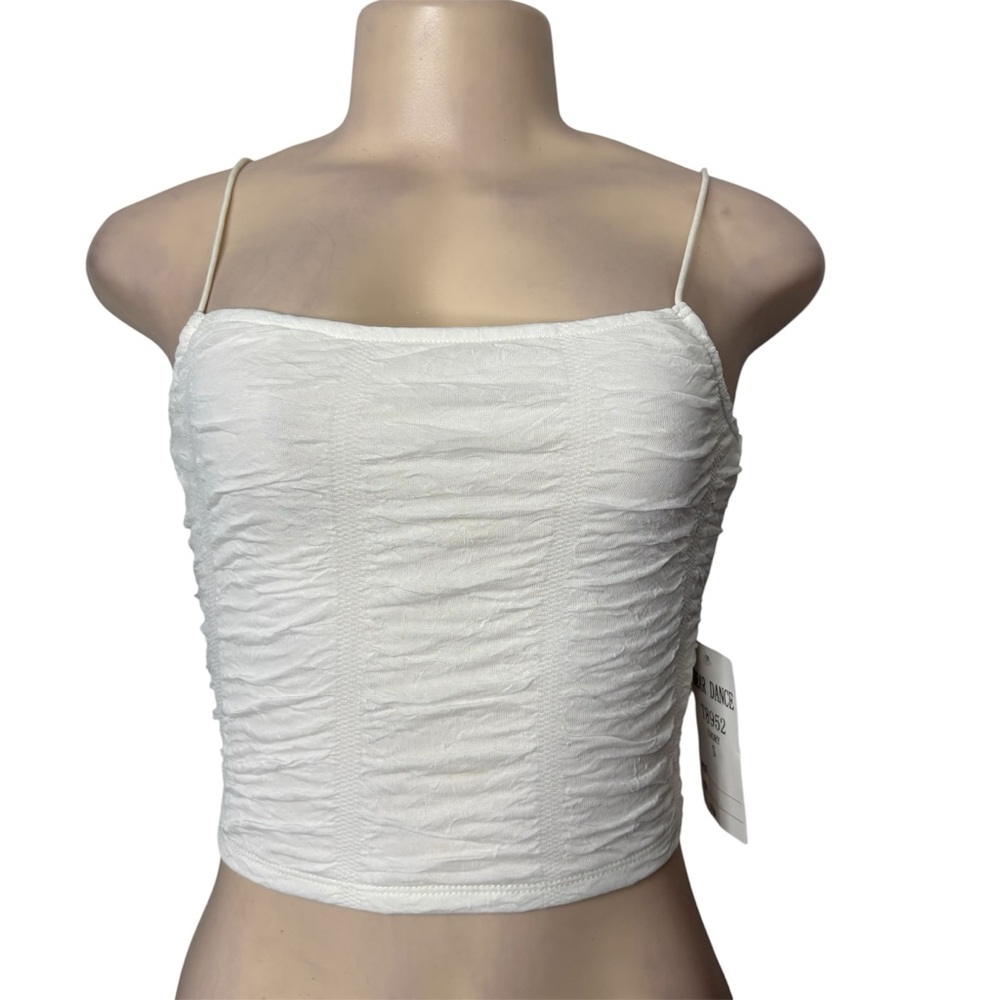 Bear Dance White Ruched Spaghetti Strap Crop Camisole